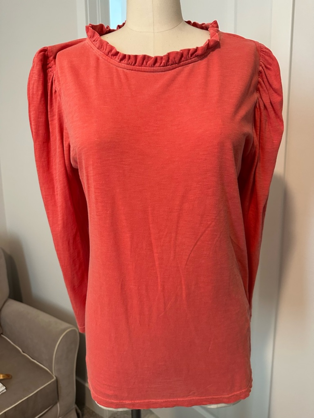 Sundry Coral Ruffle Neck Long-Sleeve Tee